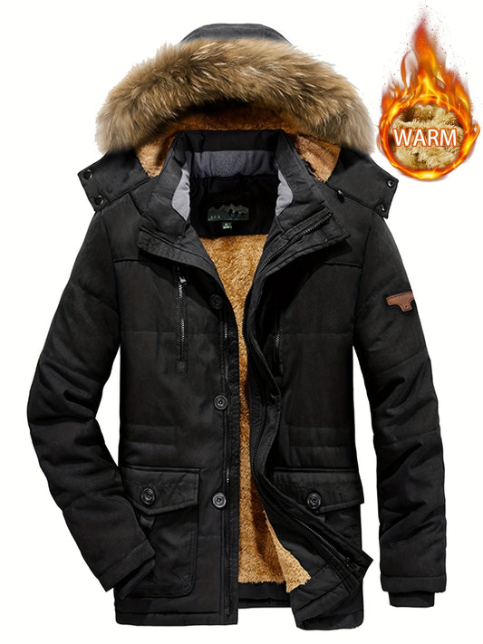 Men's Fleece Thick Hooded Jacket, Outdoor Casual Hooded Windproof Warm Retro Jacket For Winter