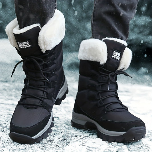 Men's High Top Snow Boots, Warm Fleece Cozy Non-slip Ankle Boots Plush Comfy Outdoor Hiking Shoes Lined Trekking Shoes, Winter
