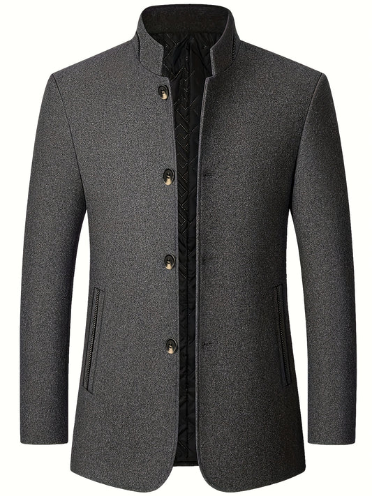 Warm Wool Blend Jacket Coat, Men's Casual Stand Collar One Breasted Jacket For Fall Winter, Father's Gift