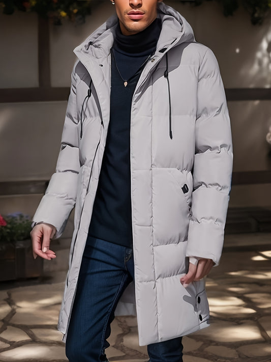 Warm Hooded Mid-length Jacket, Men's Casual Zip Up Cotton Padded Jacket Overcoat For Fall Winter Outdoor