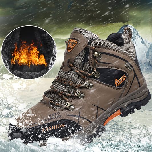 Men's Snow Boots, Warm Fleece Cozy Non-slip Ankle Boots Plush Comfy Outdoor Hiking Shoes Fur Lined Trekking Shoes, Winter