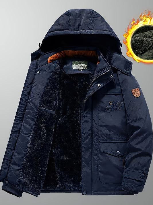 Warm Fleece Windbreaker Hooded Jacket, Men's Casual Zip Up Jacket Coat For Fall Winter Outdoor Activities