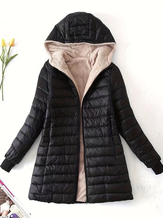 Zip Up Solid Hooded Coat, Casual Long Sleeve Winter Warm Outerwear, Women's Clothing