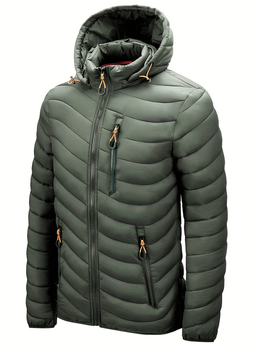 Men's Lightweight Warm Hooded Winter Jacket, Casual Zipper Pockets Cotton Padded Jacket Coat For Fall Winter Outdoor Activities