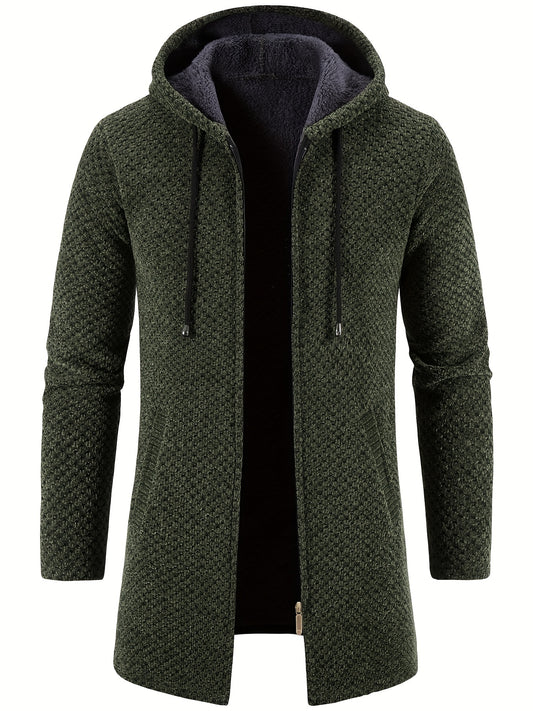 Warm Fleece Hooded Knitting Cardigan, Men's Casual Stretch Zip Up Overcoat For Fall Winter