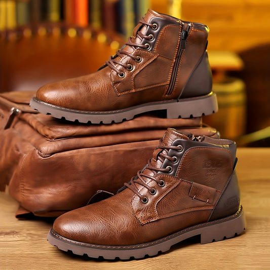 Men's Lace-up Boots, Casual Walking Shoes With Zippers, Service Boots Inspired Boots